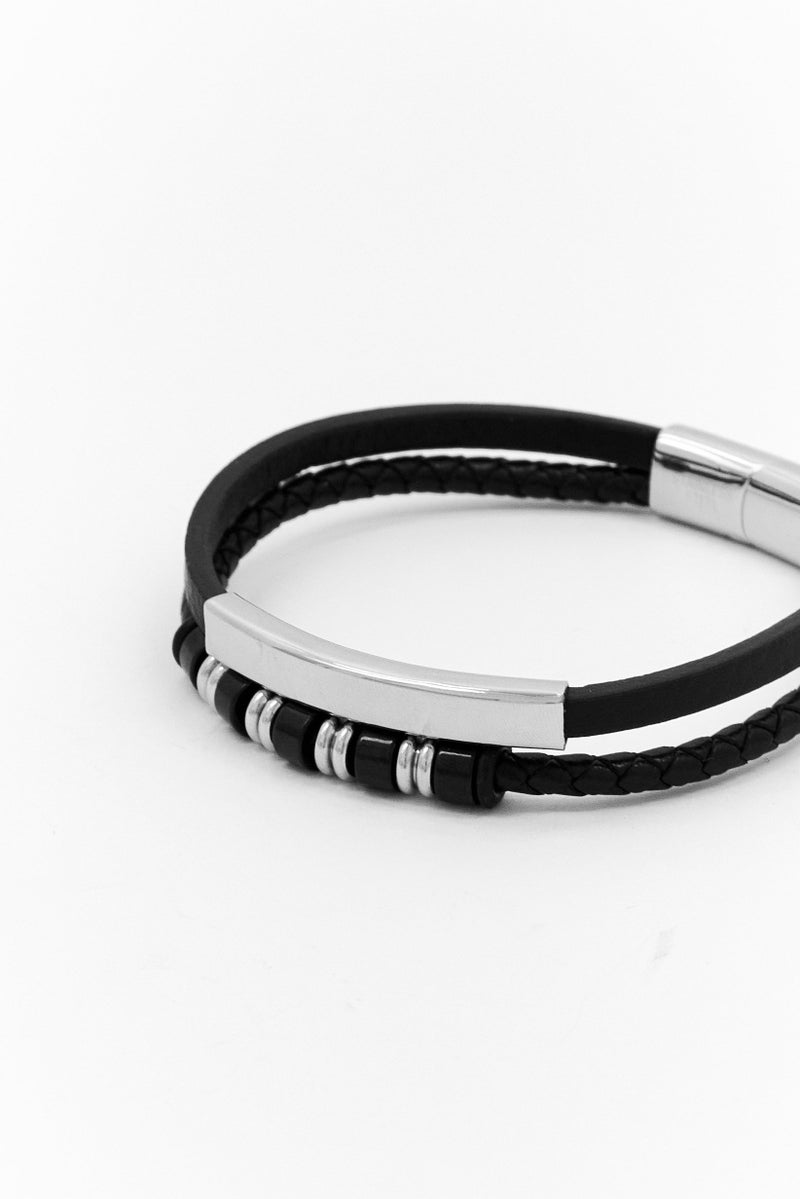 Steeltime Men Braided Leather And Stainless Steel Beads Id Bracelet, Black - Image 3